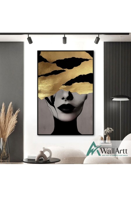 Woman Face with Gold Foil Textured Partial Oil Painting
