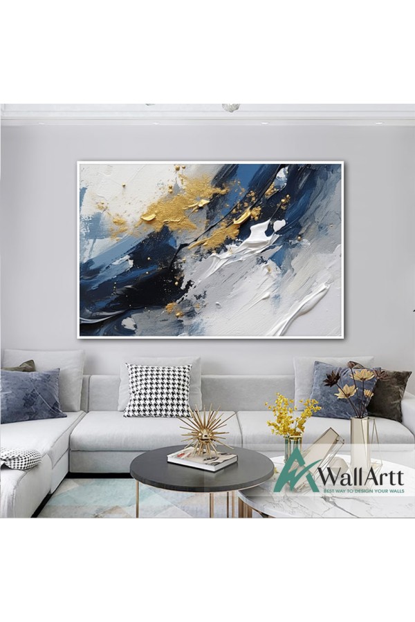 Navy Blue with Gold Textured Partial Oil Painting - Wall Art