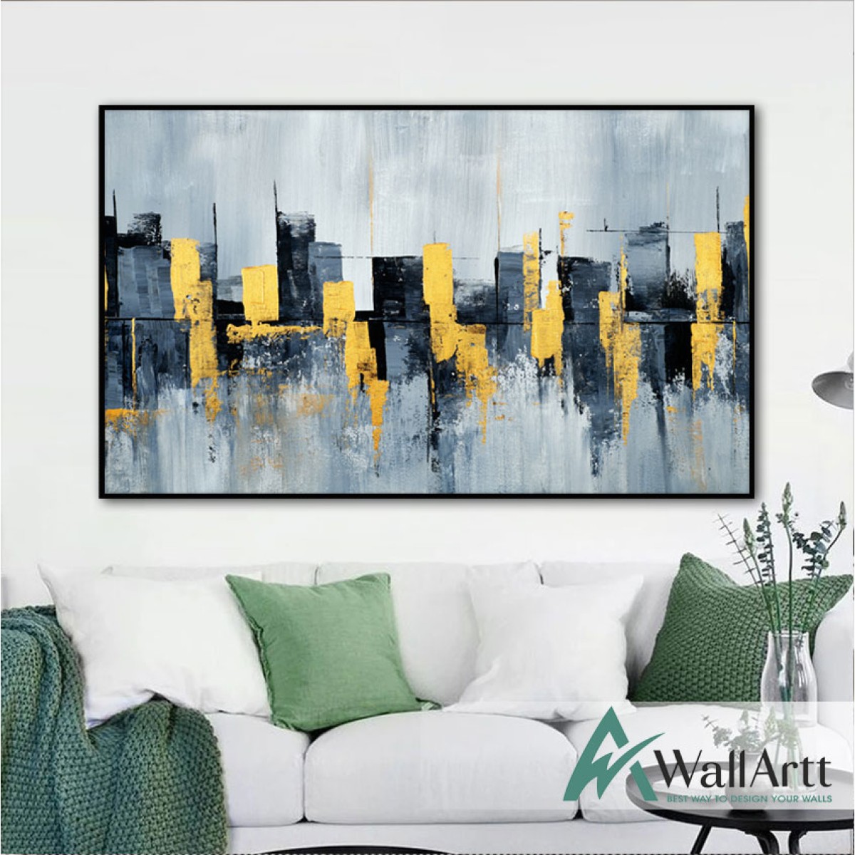 Navy Gold Skyscrapers Textured Partial Oil Painting