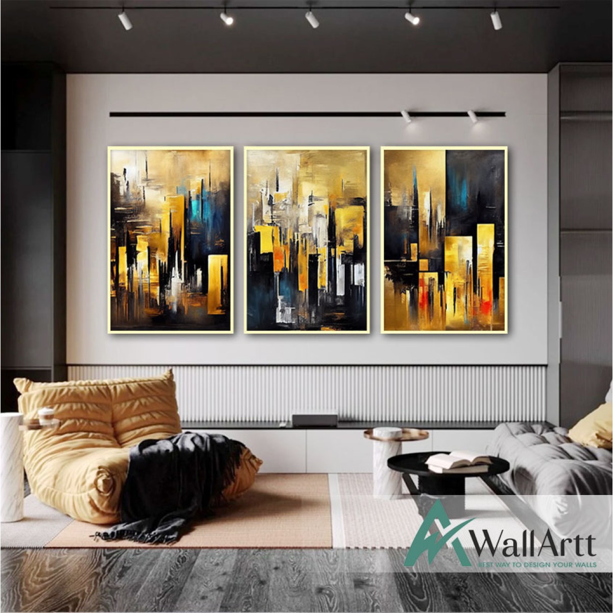 Gold Skyscrapers 3 Piece Textured Partial Oil Painting