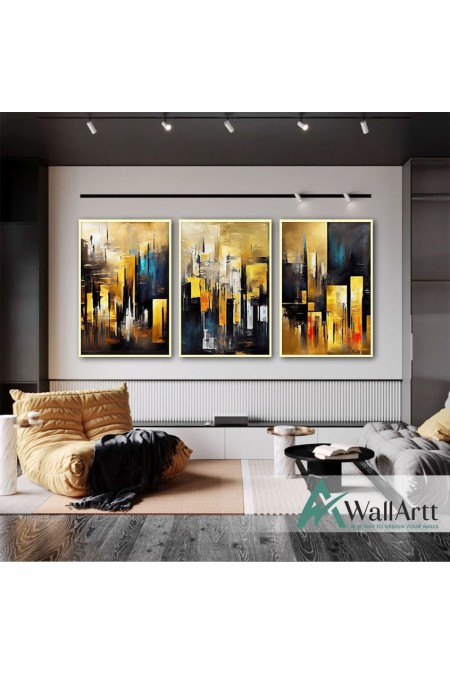 Gold Skyscrapers 3 Piece Textured Partial Oil Painting