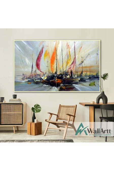 Red Orange Sailboats Textured Partial Oil Painting