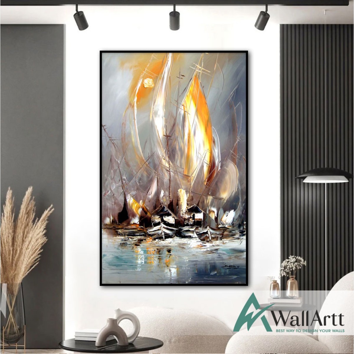 Abstract Orange Sailboats Textured Partial Oil Painting