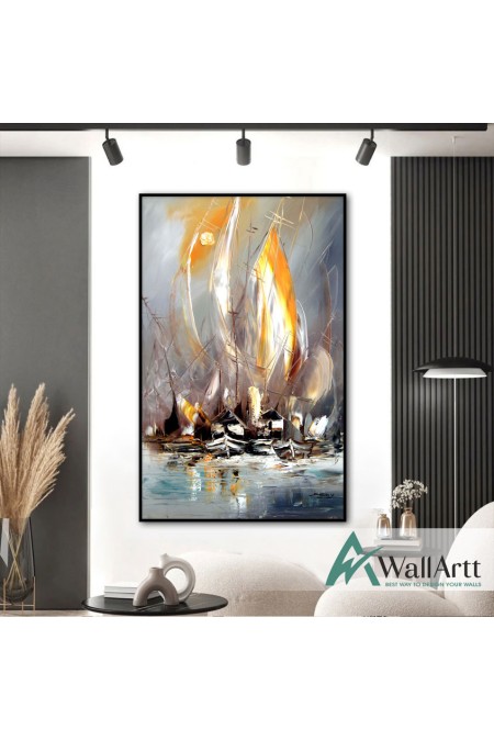 Abstract Orange Sailboats Textured Partial Oil Painting