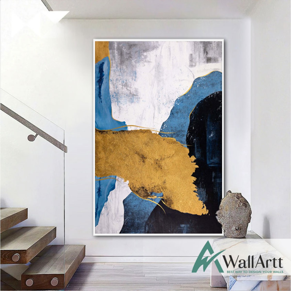 Blue with Gold Foil Textured Partial Oil Painting