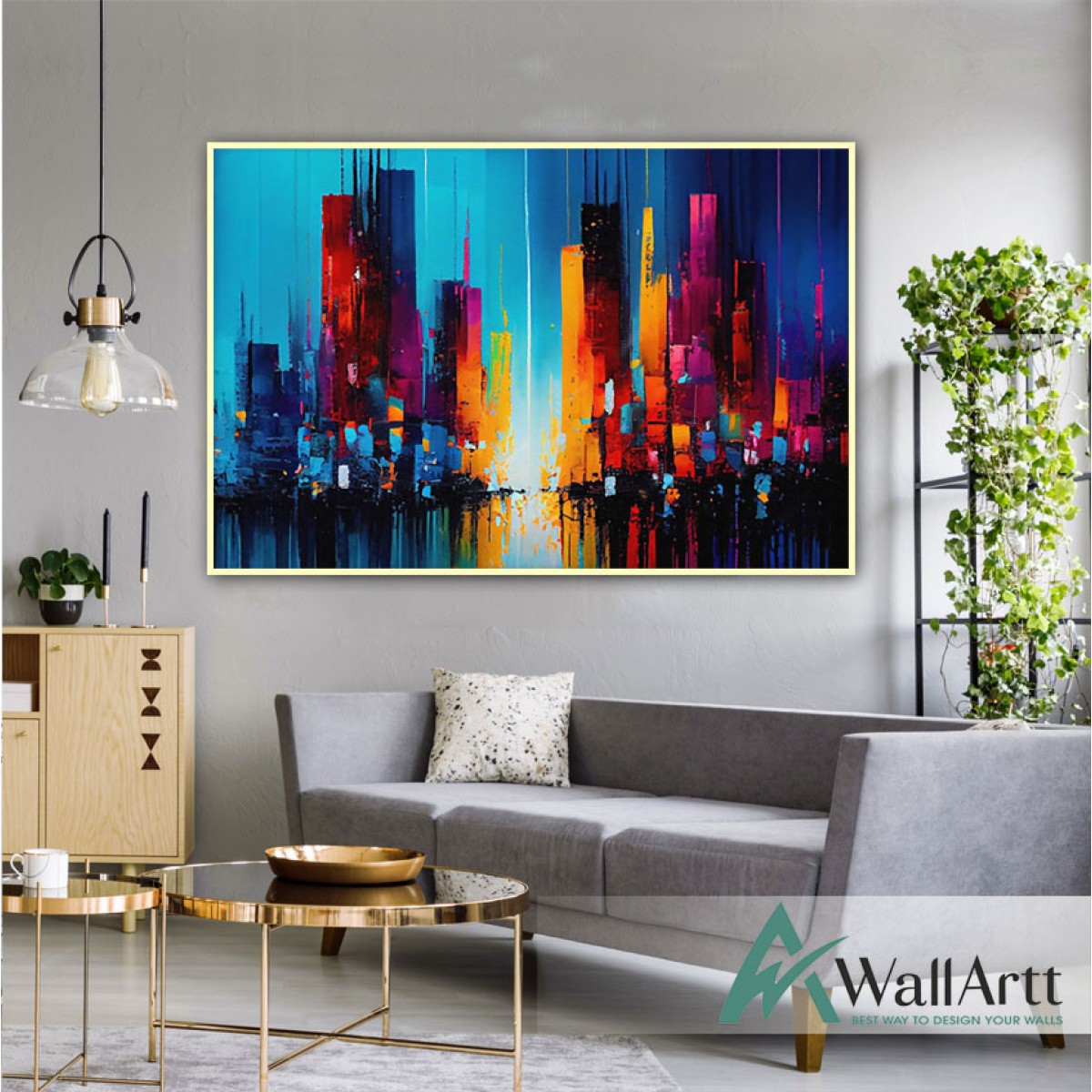 Orange Blue Skyscrapers Textured Partial Oil Painting