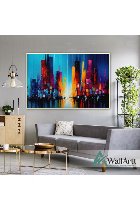 Orange Blue Skyscrapers Textured Partial Oil Painting