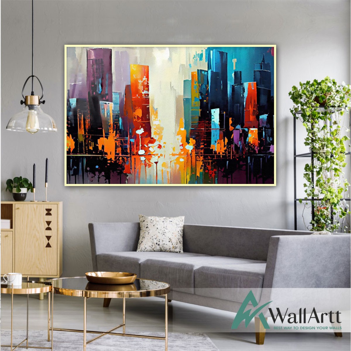 Orange Blue Skyscrapers II Textured Partial Oil Painting