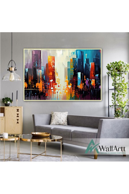 Orange Blue Skyscrapers II Textured Partial Oil Painting