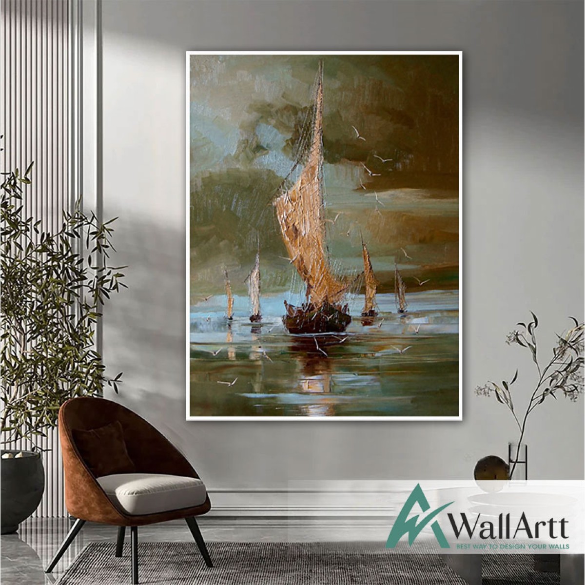Five Sailboats Textured Partial Oil Painting