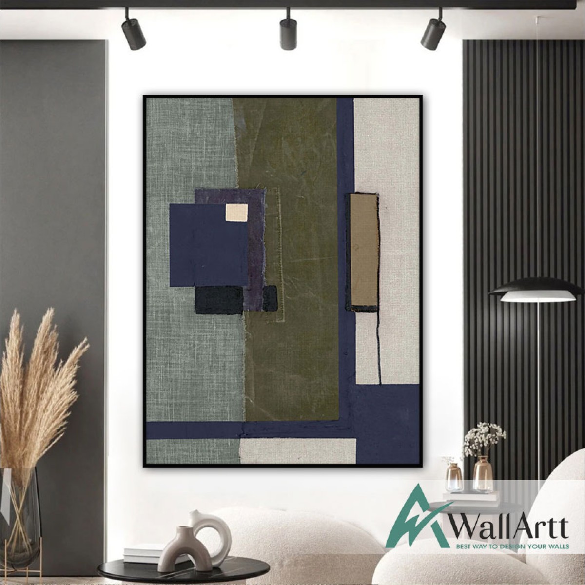 Dark Green Navy Abstract Textured Partial Oil Painting