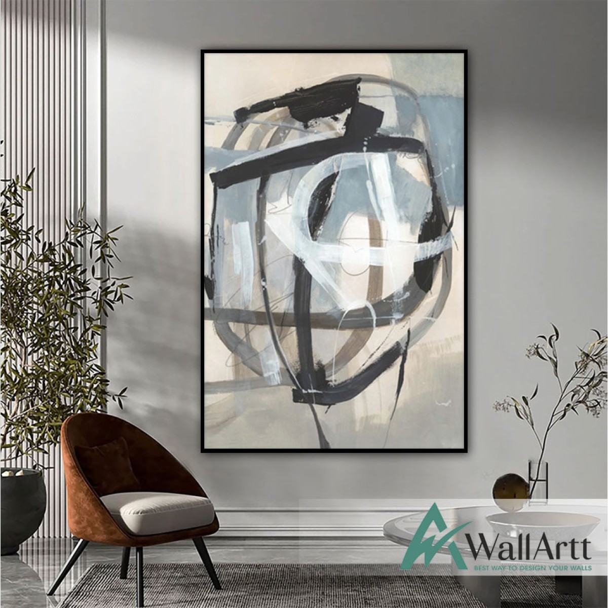 Light Blue Black Abstract Textured Partial Oil Painting