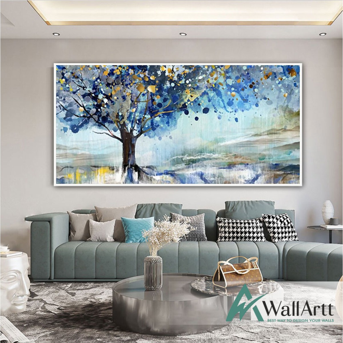 Gold Blue Tree Textured Partial Oil Painting