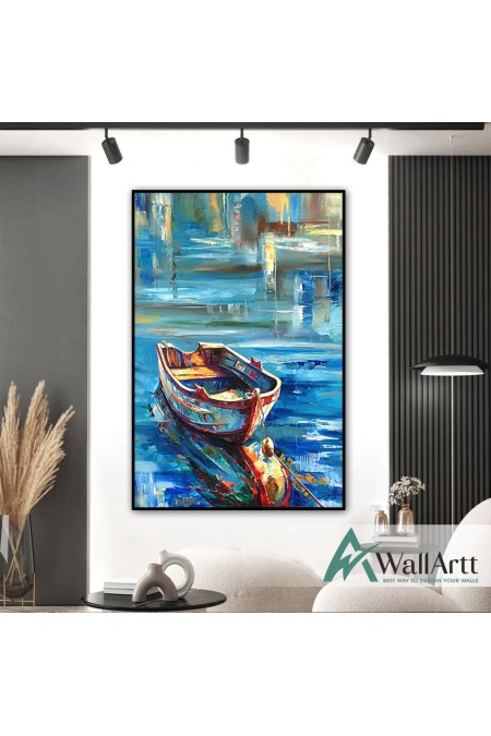 Abstract Blue Boat Textured Partial Oil Painting