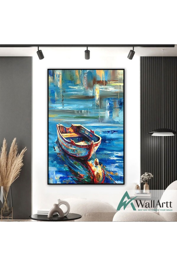 Abstract Blue Boat Textured Partial Oil Painting