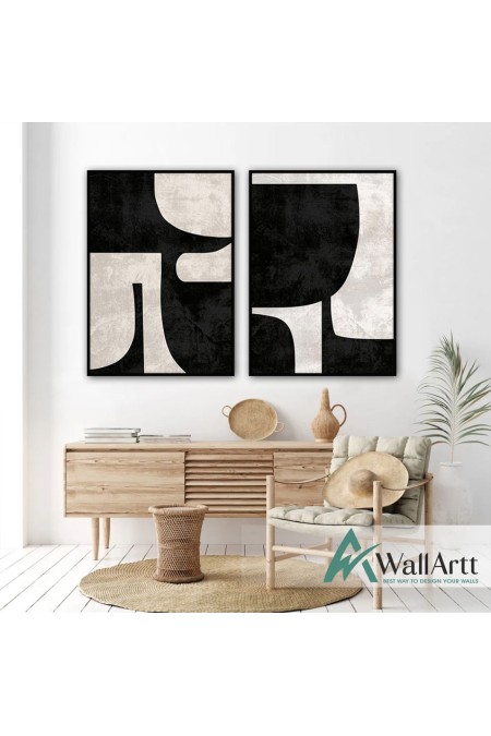 Abstract Off White Black 2 Piece Textured Partial Oil Painting