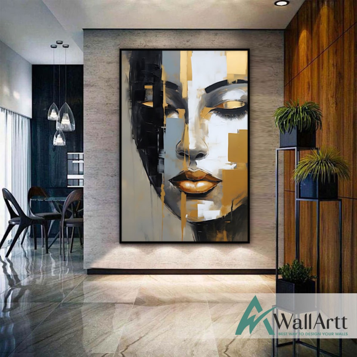 Gold Grey Woman Face Textured Partial Oil Painting