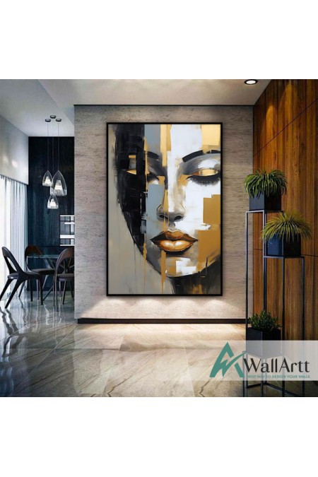 Gold Grey Woman Face Textured Partial Oil Painting