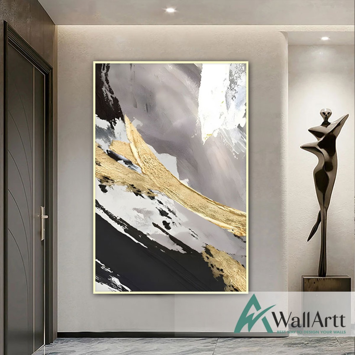 Abstract Black Gold Textured Partial Oil Painting