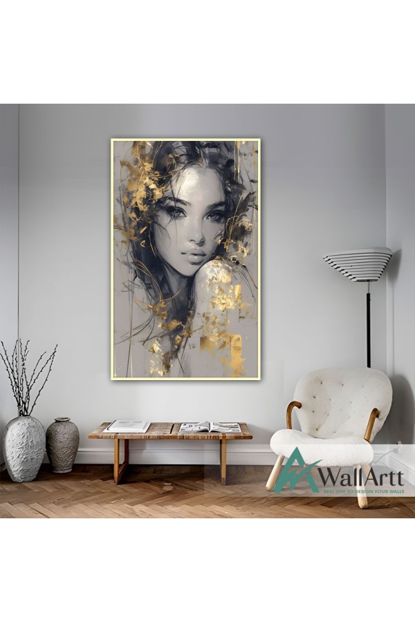 Gorgeous Woman with Gold Foil Textured Partial Oil Painting - Wall Art