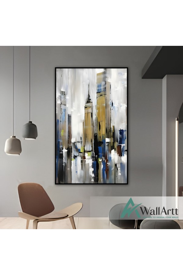 Abstract Gold Blue Skyscrapers Textured Partial Oil Painting - Wall Art