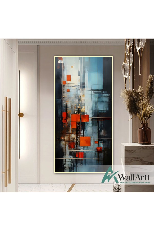 Abstract Orange Square Textured Partial Oil Painting - Wall Art