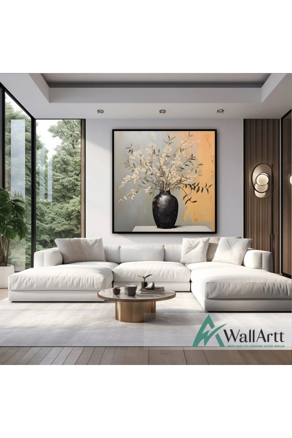 Flowers in Black Vase Textured Partial Oil Painting - Wall Art