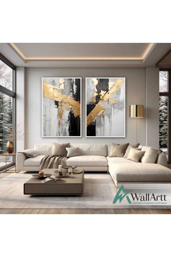 Black with Gold Foil 2 Piece 3d Heavy Textured Partial Oil Painting - Wall Art