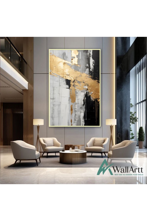 Black with Gold Foil 3d Heavy Textured Partial Oil Painting - Wall Art