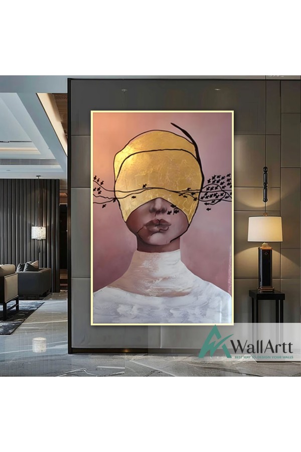 Gold Foil Woman Face Textured Partial Oil Painting - Wall Art 