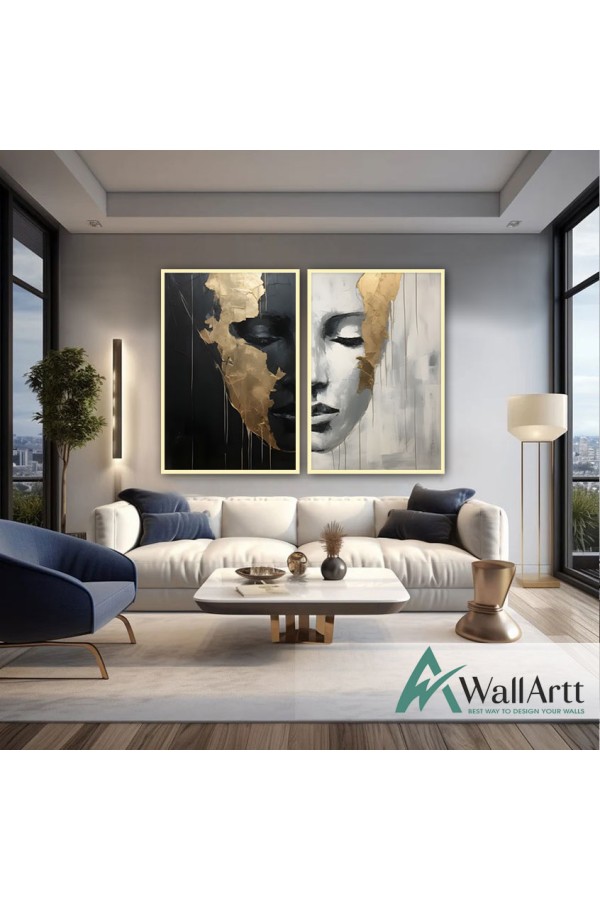 Abstract Women Face 2 Piece Textured Partial Oil Painting - Wall Art