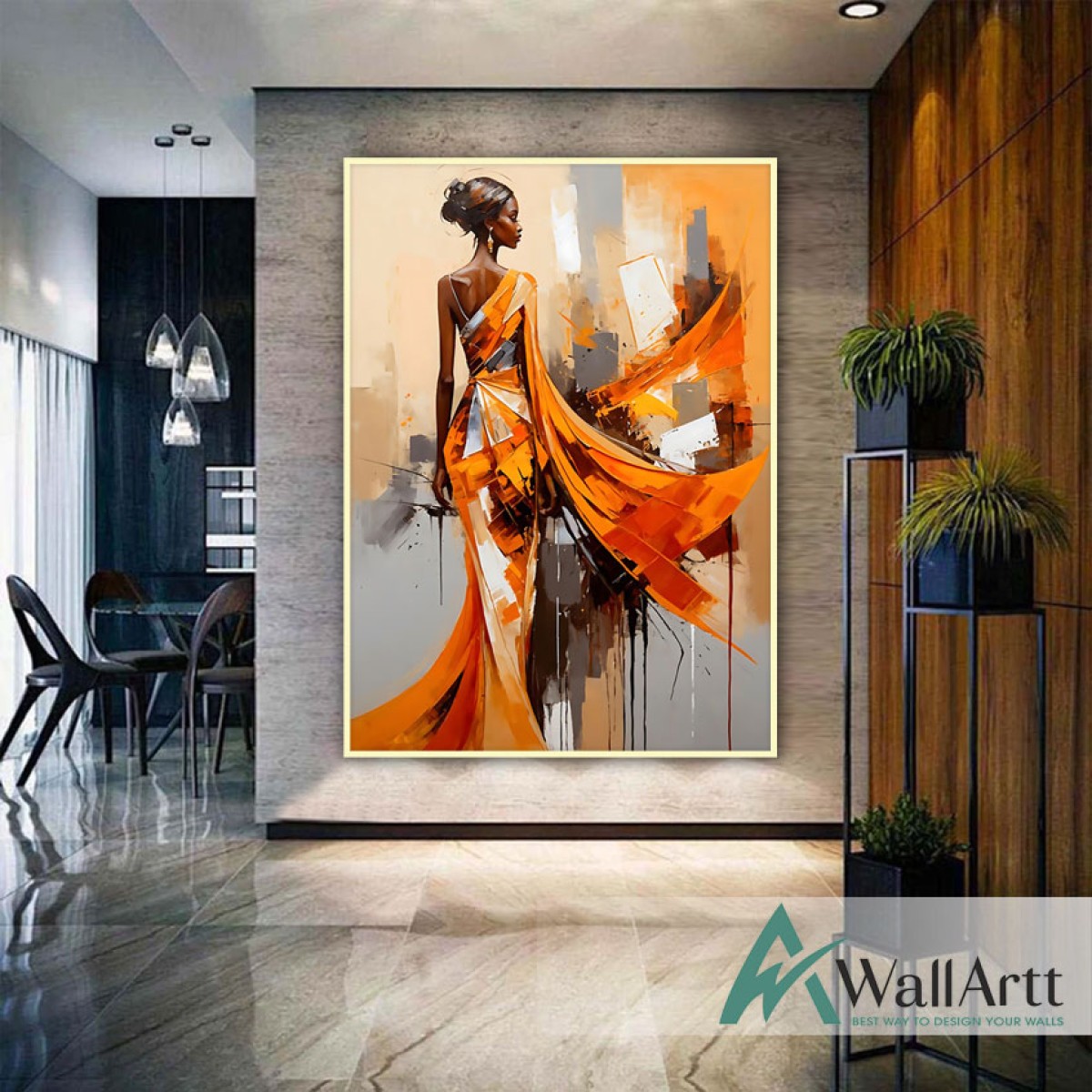 Orange Dressed Woman II Textured Partial Oil Painting - Wall Art