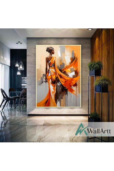 Orange Dressed Woman II Textured Partial Oil Painting - Wall Art