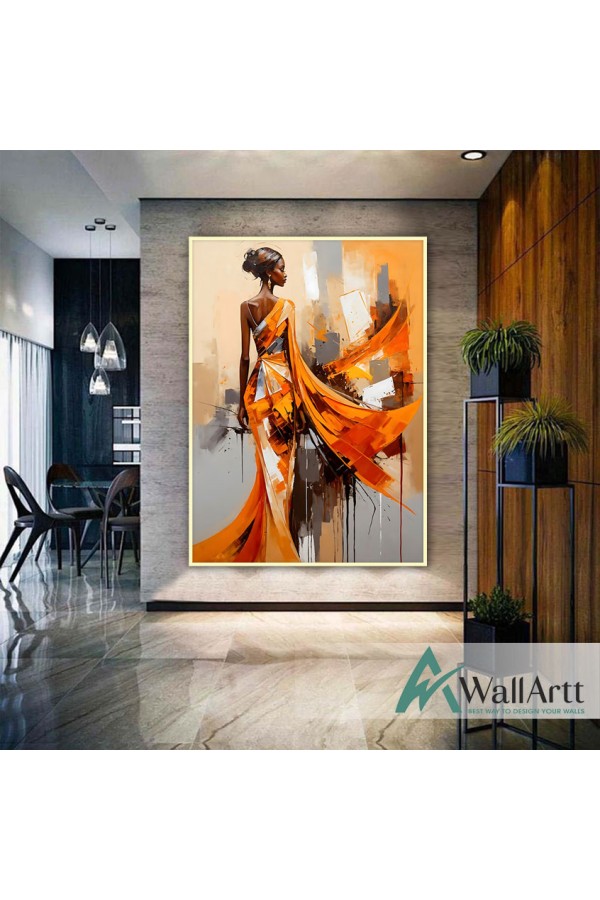 Orange Dressed Woman II Textured Partial Oil Painting - Wall Art