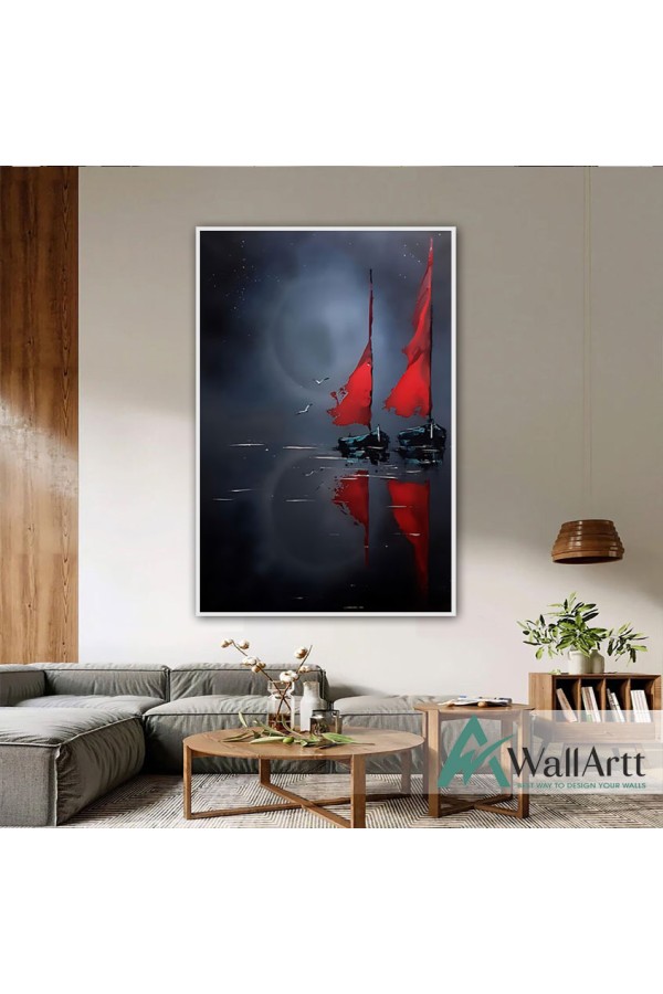 Red SailBoats Textured Partial Oil Painting - Wall Art