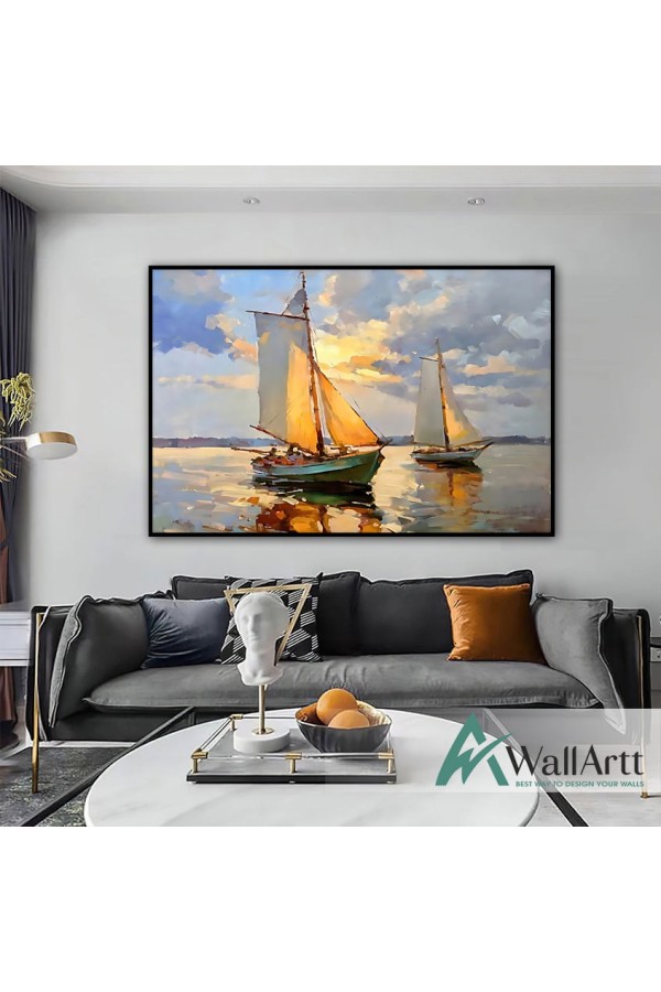 Sailboats at Sunset Textured Partial Oil Painting - Wall Art
