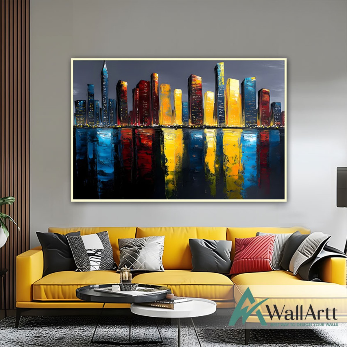 City Reflection Textured Partial Oil Painting - Wall Art