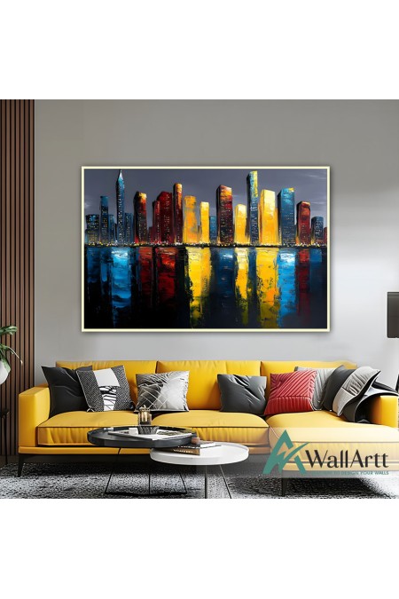 City Reflection Textured Partial Oil Painting - Wall Art