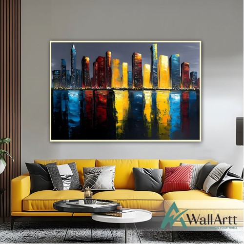 City Reflection Textured Partial Oil Painting - Wall Art