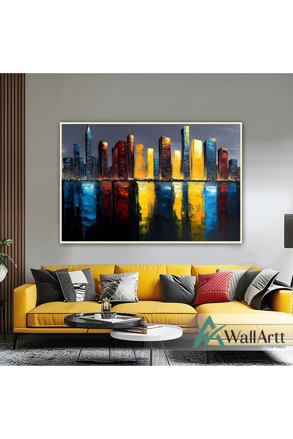 City Reflection Textured Partial Oil Painting - Wall Art