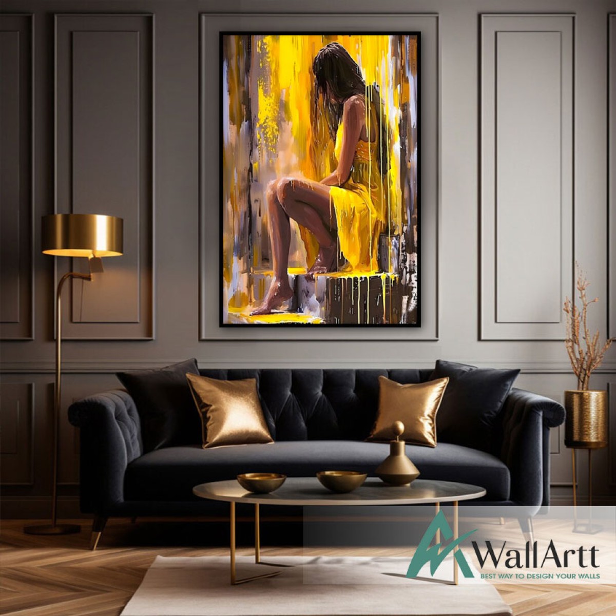 Yellow Dressed Woman Textured Partial Oil Painting - Wall Art