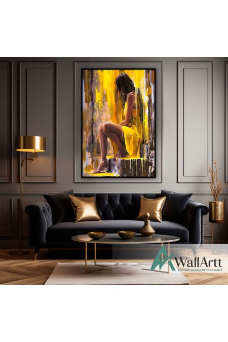 Yellow Dressed Woman Textured Partial Oil Painting - Wall Art