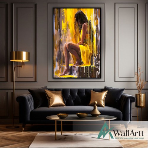Yellow Dressed Woman Textured Partial Oil Painting - Wall Art