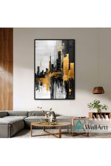 Gold Black Skyscrapers Textured Partial Oil Painting - Wall Art