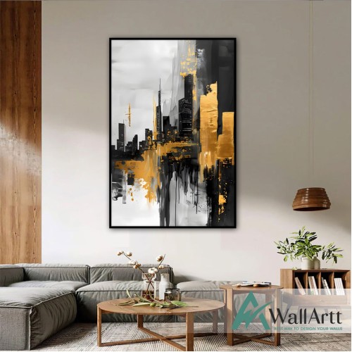 Gold Black Skyscrapers Textured Partial Oil Painting - Wall Art