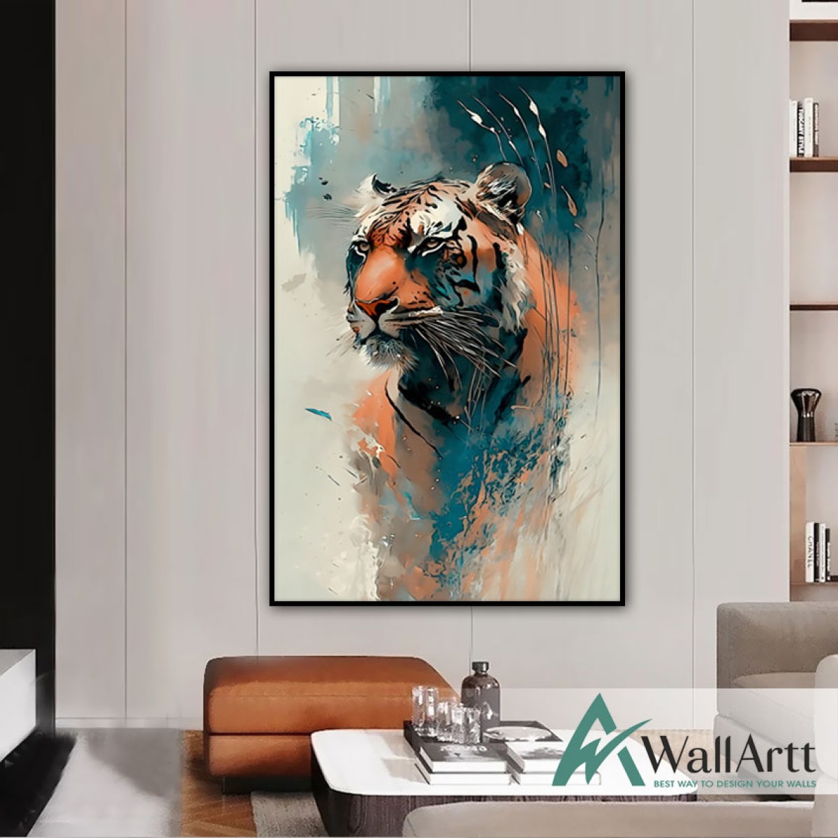 Orange Blue Tiger Textured Partial Oil Painting - Wall Art