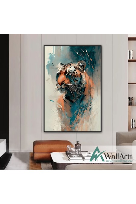 Orange Blue Tiger Textured Partial Oil Painting - Wall Art