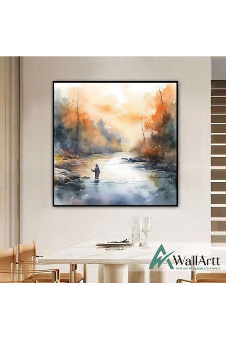 Lonely Fisherman Textured Partial Oil Painting - Wall Art