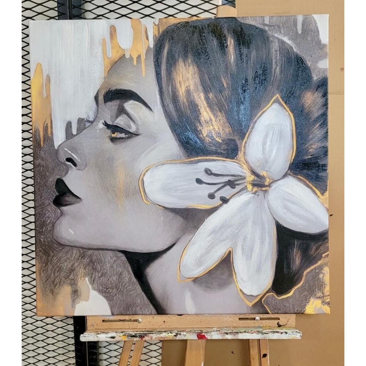 Gold Flower Woman Textured Partial Oil Painting