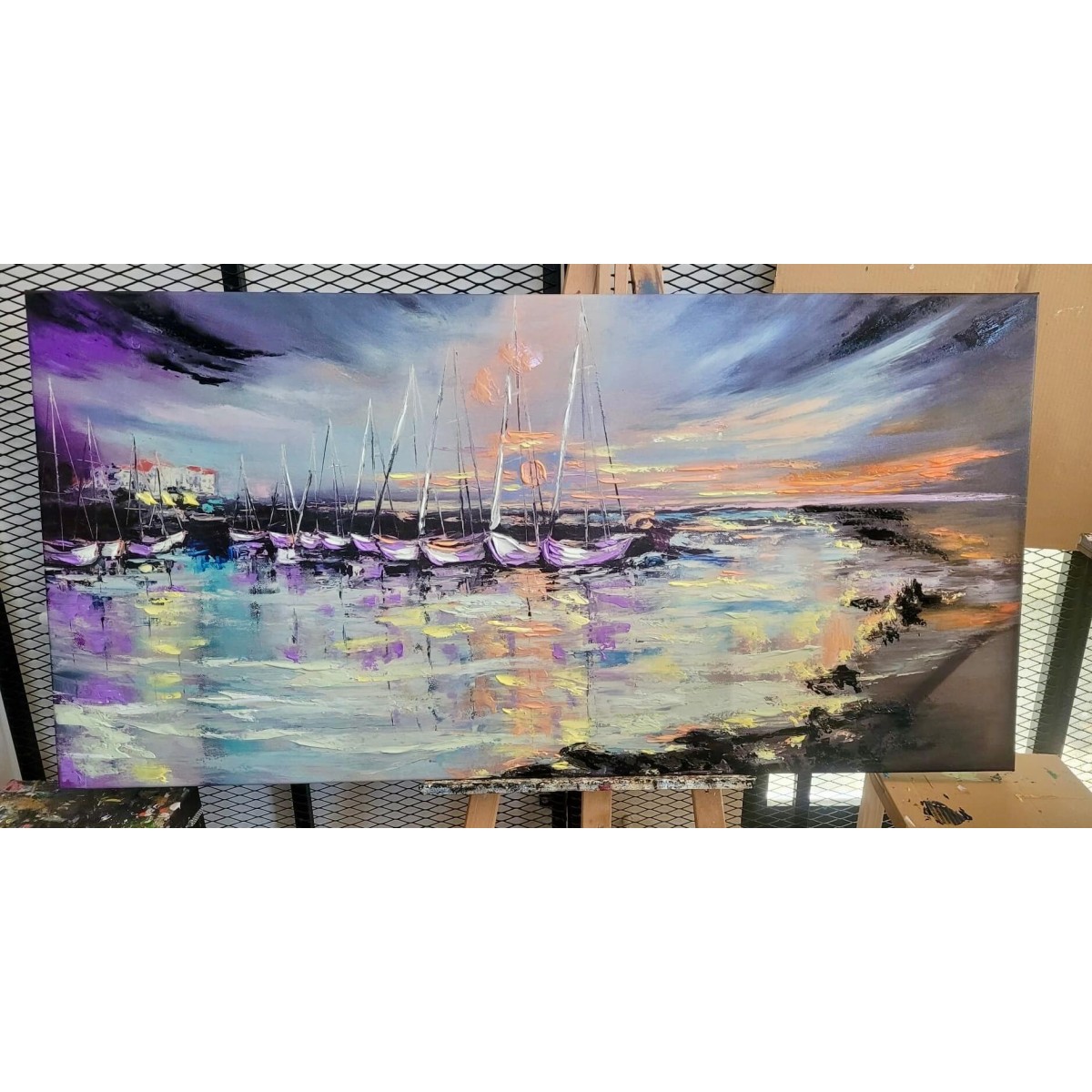 Abstract Boats Under Sun Textured Partial Oil Painting